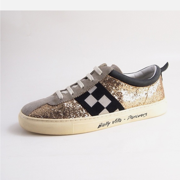 Bally Gold Glitter Sneakers with Black and Gray Accents - Picture 7 of 8